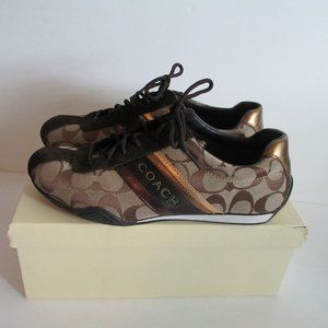 Coach Jayme A1585 Signature Suede Canvas Size 7 M Sneakers Brown Gold With Box